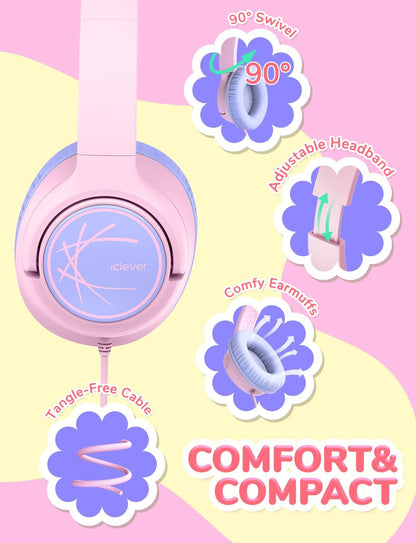 iClever Kids Headphones with Cord, 85dBA Safe Volume Wired Headphones for Kids, Stereo Sound Foldable Adjustable, 3.5mm Jack, Over Ear for School/Boys/Girls/iPad/Tablet/Travel, Blue