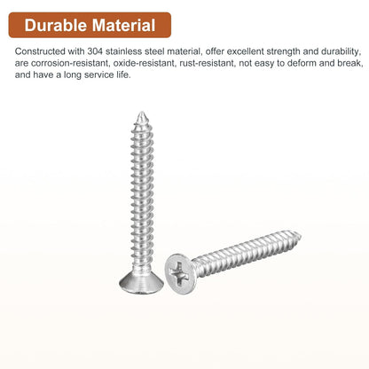 DTGN 100Pcs #8x1 Flat Head Wood Screws, 304 Stainless Steel Phillips Self Tapping Screws - Good for Woodworking, Furniture - Silver