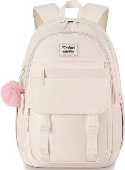 WINDARS School Backpack for Teen Girls, Cute College Backpacks for Women Students Aesthetic Bookbag Large 15.6 Inch Laptop Bag Middle School Travel Back Pack (Khaki Beige)