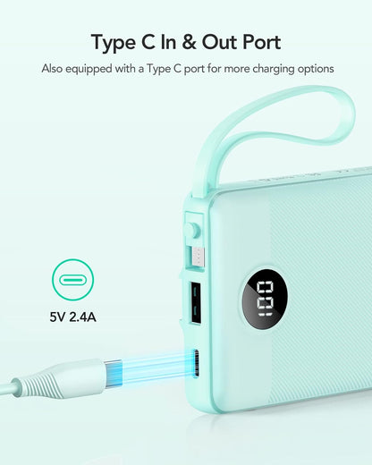 VRURC 10000mAh Power Bank Built-in Cables, Portable Charger with LED Display, Slim Intelligent Travel Battery Pack with Cords, 5 Output Dual Input Phone Charger for Cell Phone Smart Devcies-Blue