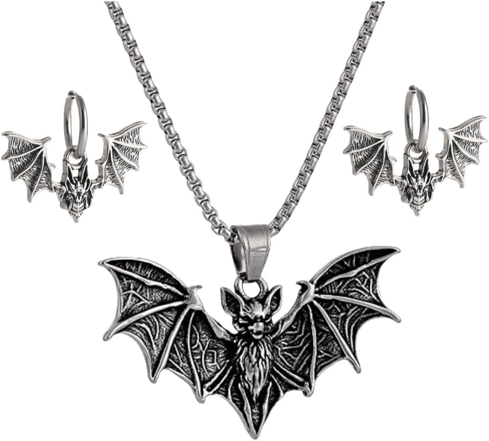 YWMAN Gothic Bat Necklace and Earrings Set, Stainless Steel, Silver, Viking Style, Protection Amulet, Medium, Unisex Halloween Vampire Jewelry