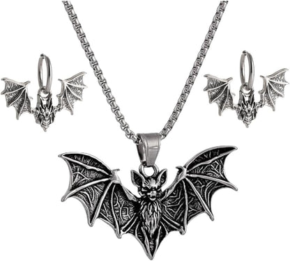YWMAN Gothic Bat Necklace and Earrings Set, Stainless Steel, Silver, Viking Style, Protection Amulet, Medium, Unisex Halloween Vampire Jewelry