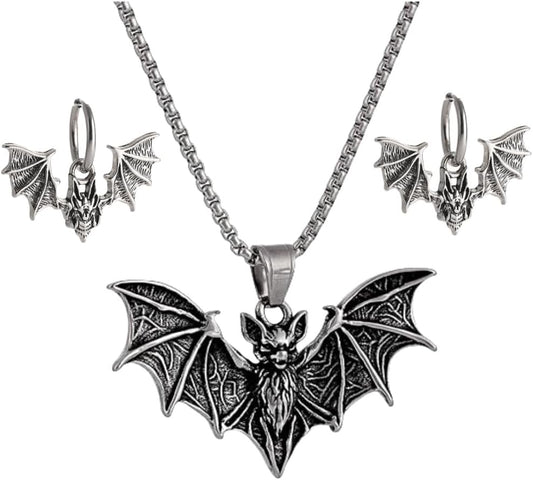 YWMAN Gothic Bat Necklace and Earrings Set, Stainless Steel, Silver, Viking Style, Protection Amulet, Medium, Unisex Halloween Vampire Jewelry