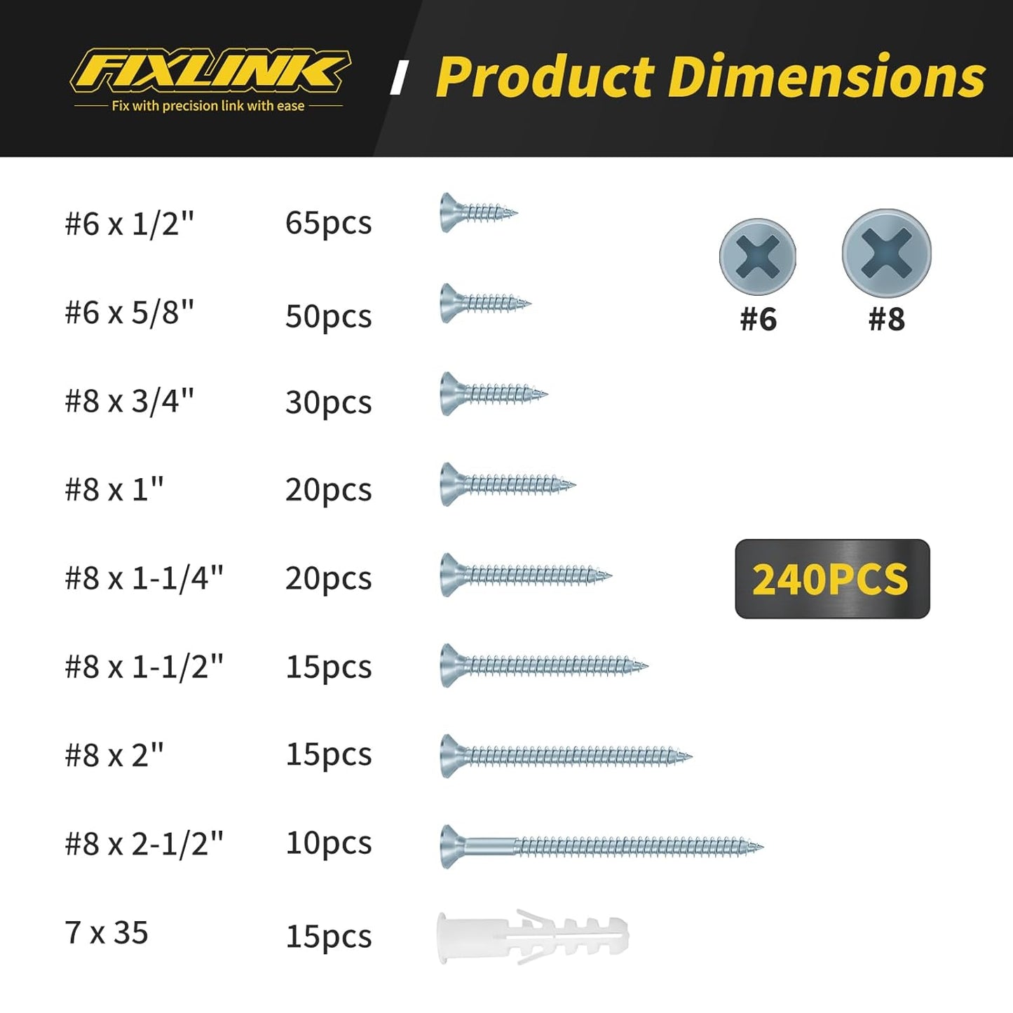 Wood Screws Assortment Kit, FIXLINK 240 PCS High Hardness Flat Head Wood Screws Set, Phillips Drive Screws, Contain 15PC Drywall Anchor and 8 Size (2-1/2”,2”,1-1/2”,1-1/4”,1”,3/4”,5/8”,1/2”), Black