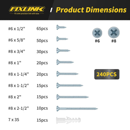 Wood Screws Assortment Kit, FIXLINK 240 PCS High Hardness Flat Head Wood Screws Set, Phillips Drive Screws, Contain 15PC Drywall Anchor and 8 Size (2-1/2”,2”,1-1/2”,1-1/4”,1”,3/4”,5/8”,1/2”), Black