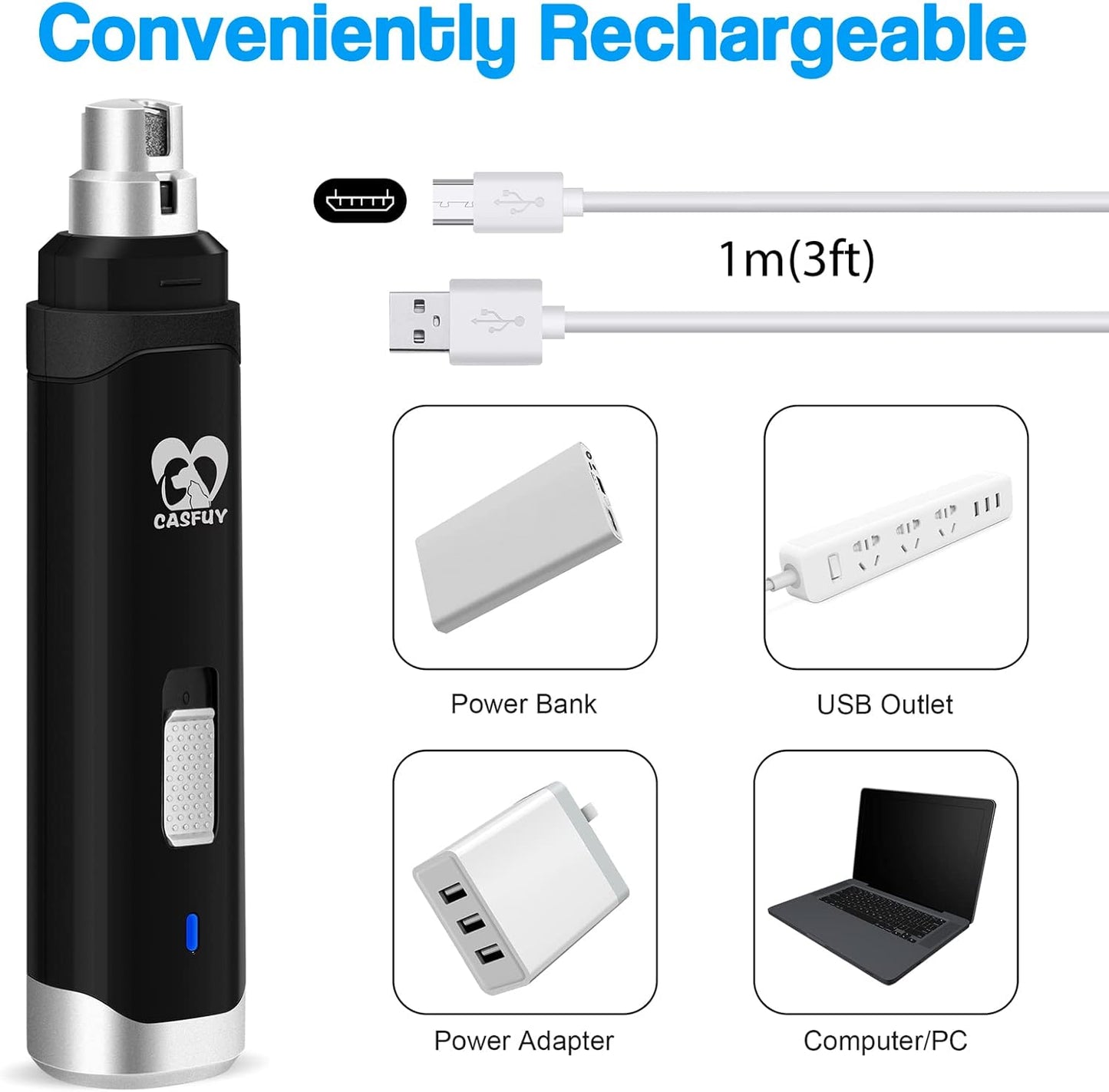 Casfuy Dog Nail Grinder Upgraded - Professional 2-Speed Electric Rechargeable Pet Nail Trimmer Painless Paws Grooming & Smoothing for Small Medium Large Dogs & Cats (White)