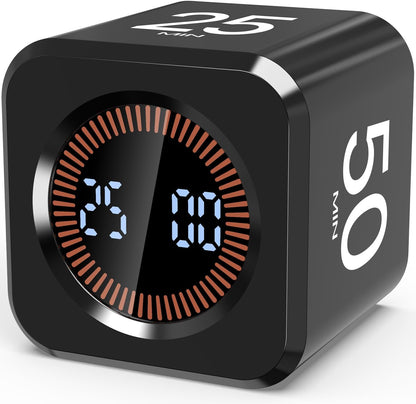 Digital Pomodoro Timer Cube 5/10/25/50min Preset, Silent & Sound Alarm | Visual Productivity Flip Timer for Kids Classroom Desk, Custom Countdown, Gravity Sensor, for ADHD Study Work Game Kitchen