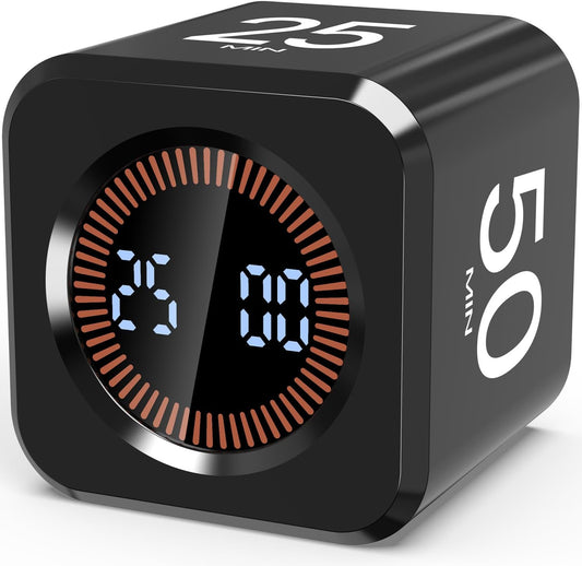 Digital Pomodoro Timer Cube 5/10/25/50min Preset, Silent & Sound Alarm | Visual Productivity Flip Timer for Kids Classroom Desk, Custom Countdown, Gravity Sensor, for ADHD Study Work Game Kitchen