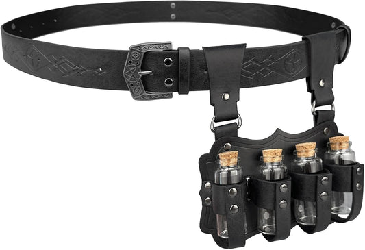 HiiFeuer Medieval Embossed Alchemy Faux Leather Buckle Belt with 4 Cork Vials, Fantasy Wizard Potion Bottles Belt