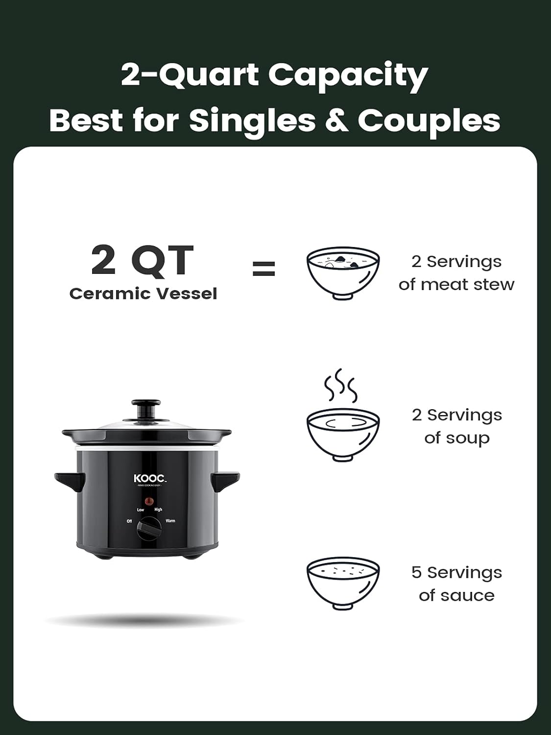 KOOC Small Slow Cooker, 2-Quart, Free Liners Included for Easy Clean-up, Upgraded Ceramic Pot, Adjustable Temp, Nutrient Loss Reduction, Stainless Steel, Black, Round…