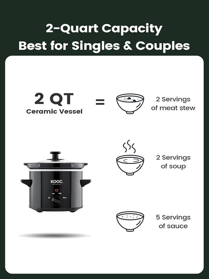 KOOC Small Slow Cooker, 2-Quart, Free Liners Included for Easy Clean-up, Upgraded Ceramic Pot, Adjustable Temp, Nutrient Loss Reduction, Stainless Steel, Black, Round…