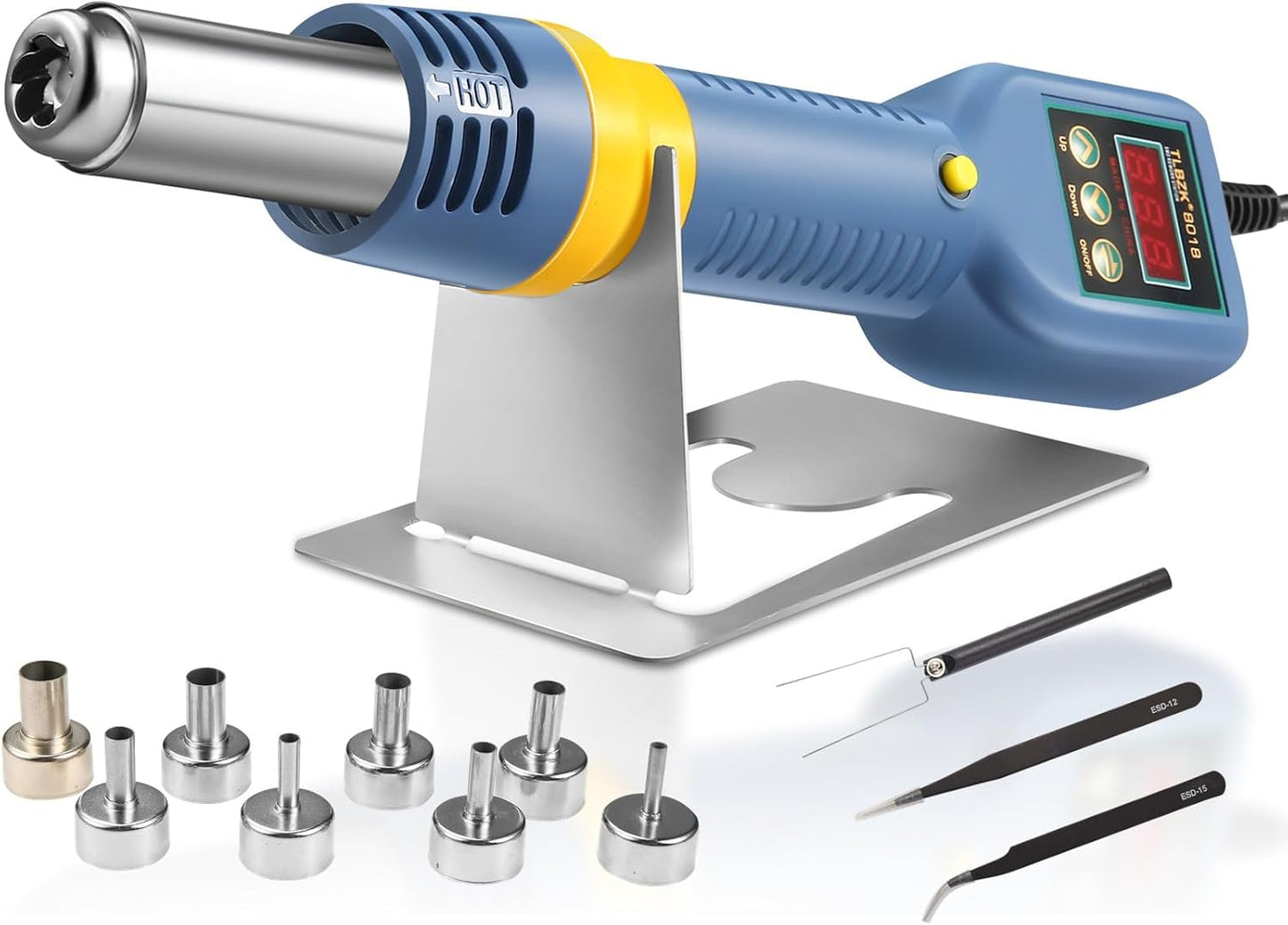 Hot Air Rework Station, 8018 Portable SMD Solder Station Heat Gun Digital Temperature Display with Nozzles Tweezers, °C/°F Conversion
