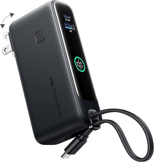 INIU 3-in-1 Power Bank, 30W 10000mAh Fast Charging Portable Charger, Built-in USB C Cable and Foldable AC Plug, Travel Outdoor Essentials Powerbank, Battery Pack for iPhone 16 15 Samsung S25 S24 etc