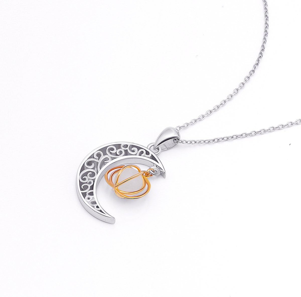 Halloween Jewelry 925 Sterling Silver Moon and Pumpkin Bat Luminous Beads Glow Pendant Necklace, 18 inches