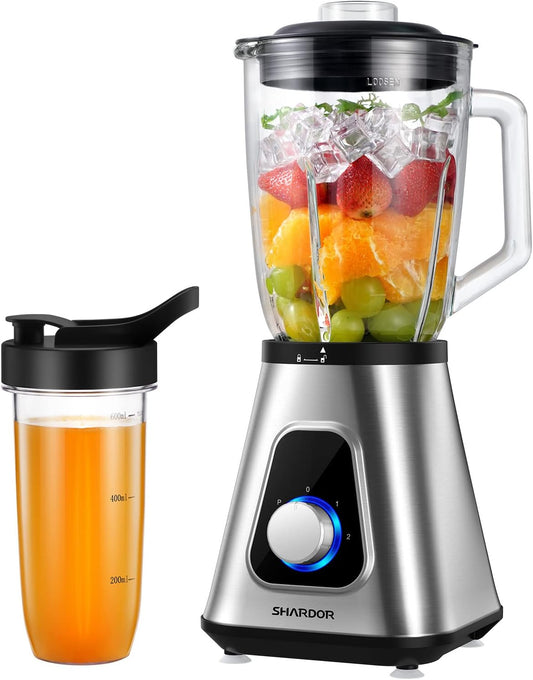 SHARDOR 1200W Blender for Smoothies, Countertop Blender Combo, 52oz Glass Jar, 22oz Travel Cup, 3 Adjustable Speed for Frozen Fruit Drinks, Smoothies, Sauces, Shakes, Silver - PuriLite