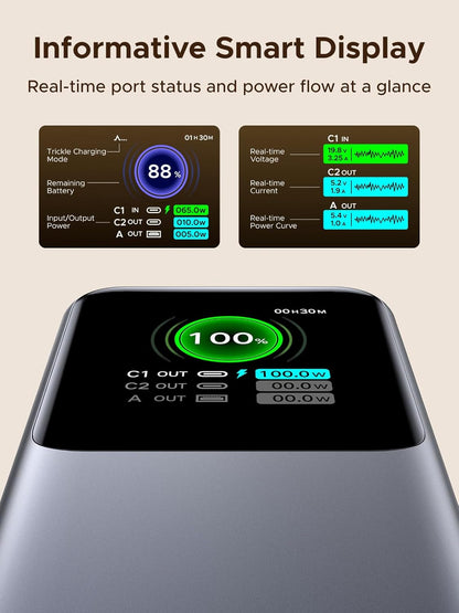 UGREEN 20,000mAh Laptop Power Bank for MacBook, Built-in and 100W Retractable Cables, 165W Portable Charger for Multi-Device Charging, Smart Digital Display, for iPhone 16/15 Series, Samsung, and More