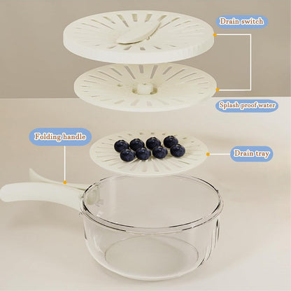 Fruit Vegetable Draining Bowl, Kitchen Strainer with Foldable Handle, Lid, Drain Tray, Rotating Fruit and Vegetable Washing Colander for Salad Mixing, Fruit Washing (White)