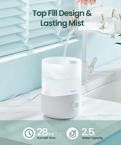 2.5L Cool Mist Humidifier with Essential Oil Diffuser for Bedroom & Large Room – Top-Fill Ultrasonic Humidifier with Adjustable Humidity, Quiet Operation, Auto Shut-Off, 28-Hour Runtime - PuriLite