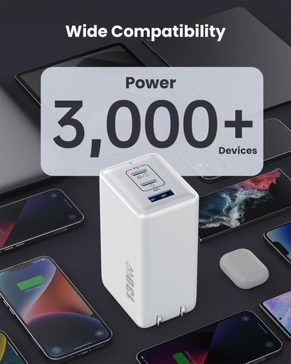 130W USB C Wall Charger,GaN III 3-Port Fast Charging Station,PD QC Foldable Charger Block Portable 65W USB C Laptop Adapter for MacBook Pro/Air,iPad Pro,Galaxy S23,Dell XPS 13,iPhone 15/Pro etc-Black