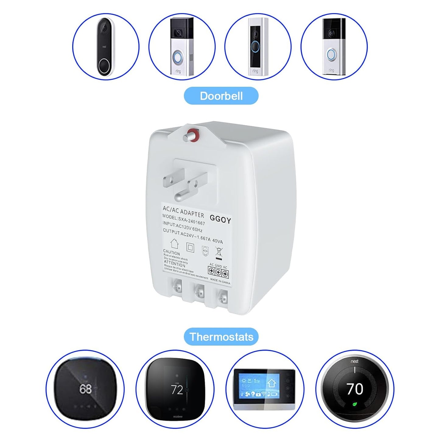 24VAC 40VA Plug in Doorbell Transformer Compatible with Ring, Nest, Eufy, Wyze Video Door Bell, All of Doorbell Nest Ecobee Sensi and Honeywell Thermostat,with PTC Fuse