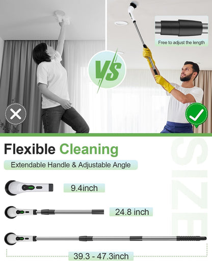 Electric Spin Scrubber, Cordless Kitchen Brushes, Bathroom Shower Cleaner with 9 Brush Heads, 2H Power Dual Speed, Adjustable Extension Handle, IPX7 Waterproof for Cleaning Brush