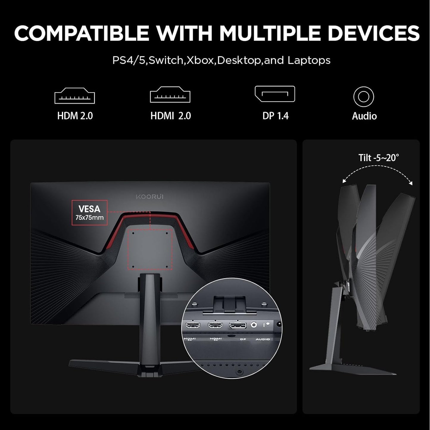 KOORUI 27 inch Gaming Monitor, QHD (2560 x 1440) R1500 180Hz Curved Monitors, AdaptiveSync with 1ms, VESA Compatible, HDR10, 1 x Display Port 1.4 & 2 x HDMI 2.0, Eye Care 27E6QCA