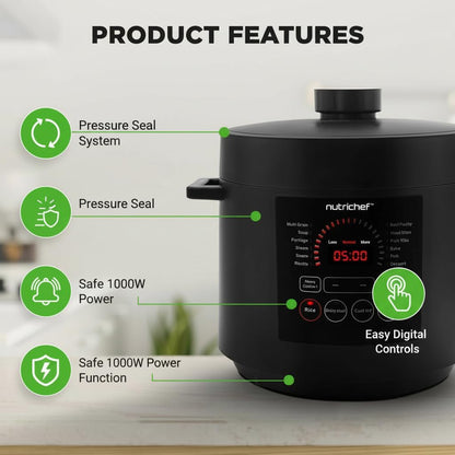 NutriChef Pressure Cooker 6 Quart Stainless Steel, Adjustable Time & Temperature, Multi Cooker for Rice, Yogurt & Meat, Fast Meal Prep