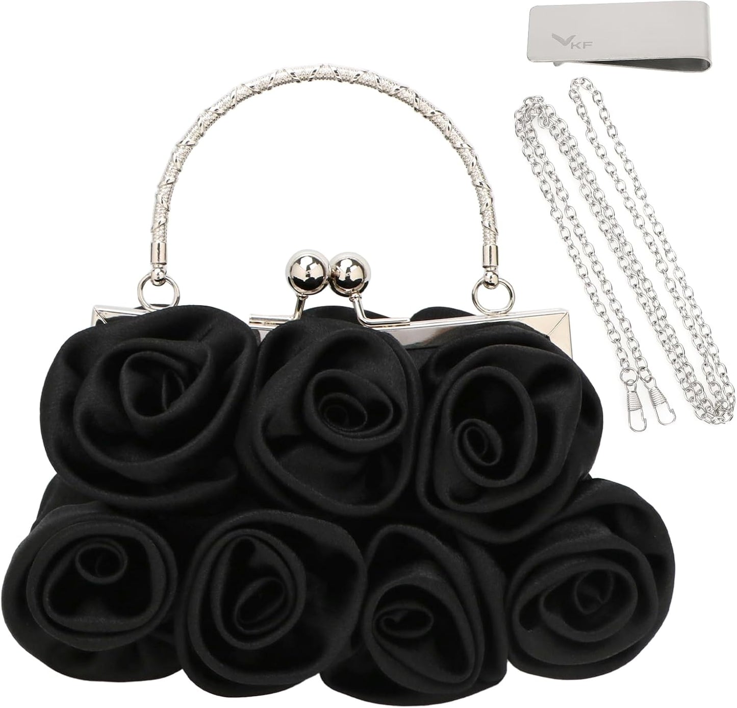 kilofly Missy K 7 Roses Clutch Purse, Satin, with Detachable Strap + kilofly Money Clip