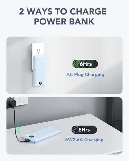 Portable Charger for iPhone, 10000mAh Power Bank with Built-in Cables & AC Wall Plug, USB C Phone Charger 5 Output External Battery Pack Compatible with iPhone Samsung Google Pixel Android -White