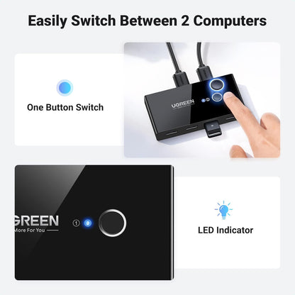 UGREEN USB 3.0 Switch, KVM Switch 2 Computers Sharing 4 Ports USB Peripheral Switcher Adapter Box Selector for PC, Printer, Scanner, Mouse, Keyboard with One-Button Swapping