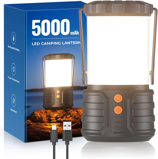 Camping Lantern,5000mAh Rechargeable Battery Emergency Lights for Power Outages,3 Colors,IPX4 Waterproof Portable Led Camping Tent Light for Home Indoor or Outdoor,1 Pack