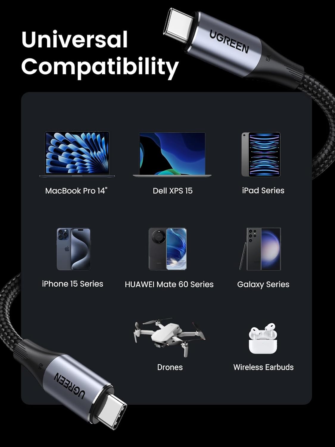 UGREEN 240W USB C to USB C Cable 10Gbps USB C 3.2 Cable 4K 60Hz Video Output Fast Charging Compatible with iPhone 16 15 Pro Max, NVMe SSD, Monitor, Galaxy S25 S24 S23 Ultra, MacBook Pro, 3ft (1M)