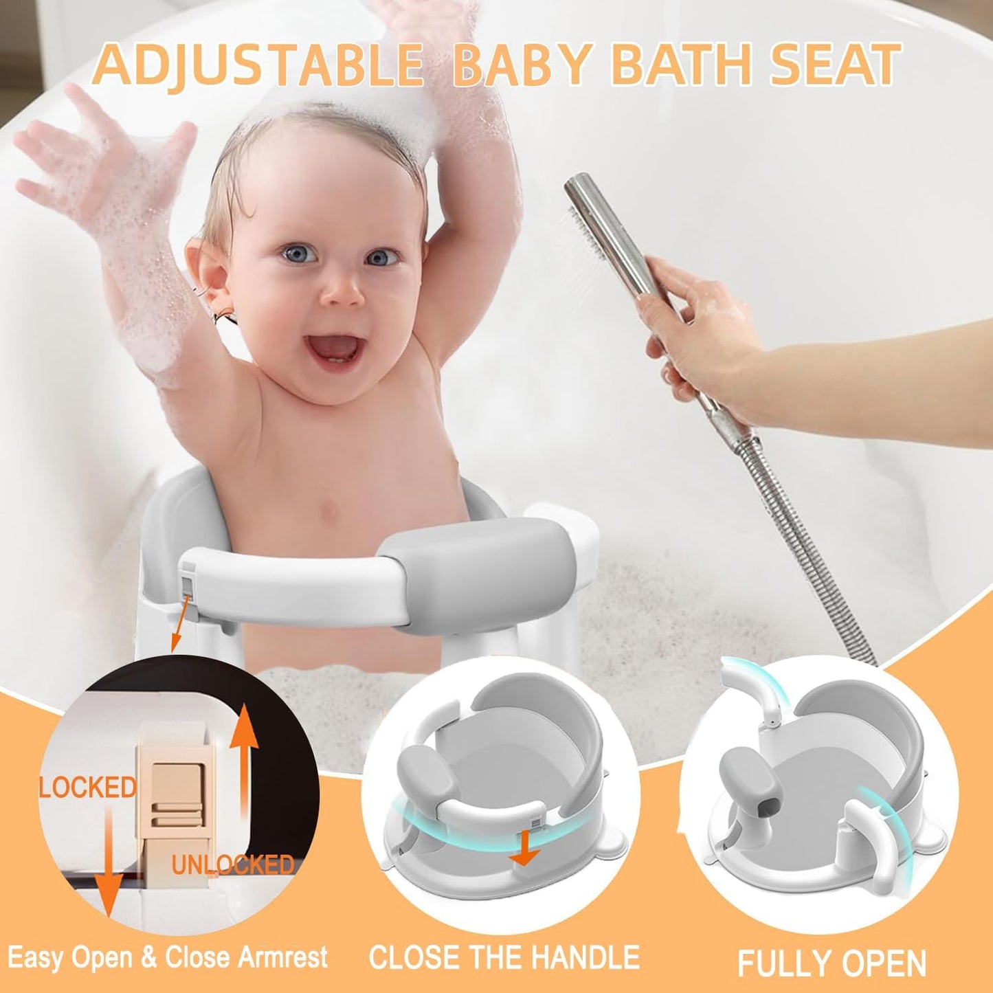 Baby Bath Seat for Babies 6 Months & up, Non-Slip Toddler Bath Seats for Babies Sitting Up,Safe Infant & Newborn Baby Bath Chair Support for Bathtub/Living Room/Shower Room, Grey