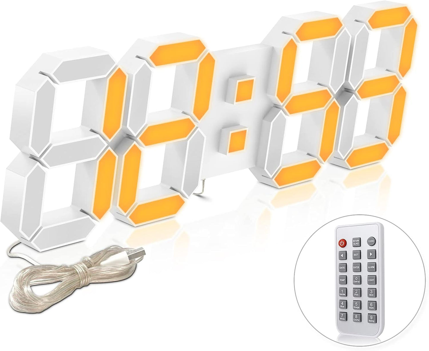 Deeyaple 3D LED Digital Wall Clock Modern Alarm Clock Adjust Brightness 12/24 Time Date Temperature Silent Snooze USB Night Light Remote Control Kitchen Bedroom Living Room Small 9.7 inch White