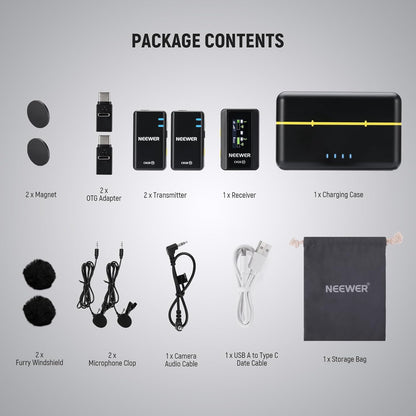 NEEWER CM28 Wireless Lavalier Microphone System with Charging Case, 1 Click Noise Canceling, 4GB Storage for 9Hrs of 48KHz 16 Bit Uncompressed Audio Lapel Mic Compatible with iPhone/Android/PC/Camera