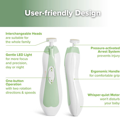haakaa Baby Nail Trimmer Electric Safe Baby Nail Clippers Baby Nail File Kit Manicure Set, Trim Polish Grooming kit for Newborn Toddler or Adults Toes Fingernails, 6 Grinding Heads and LED Light