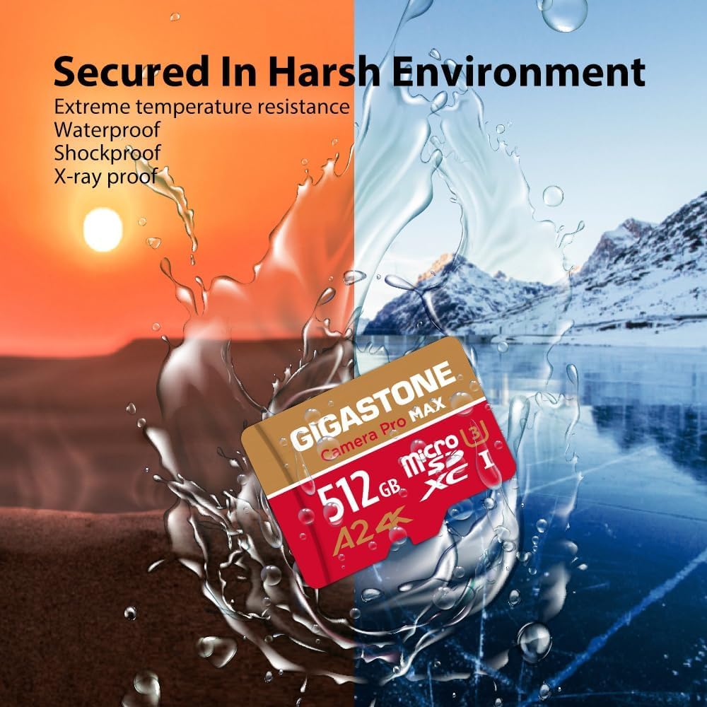 [5-Yrs Free Data Recovery] GIGASTONE 512GB Micro SD Card, 4K Camera Pro, A2 V30 for Smartphone, Gopro, Action Cams, 4K UHD Video Recording, R/W up to 150/120 MB/s, UHS-I U3 C10 Class 10 with Adapter