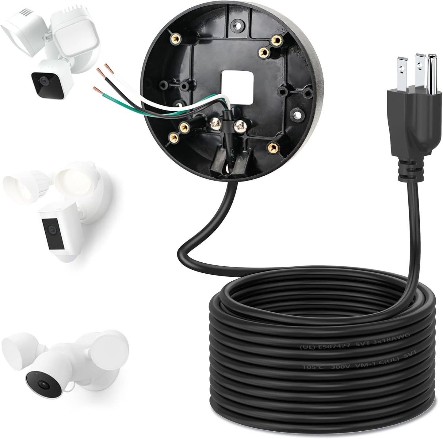 Câble d'alimentation et support enfichable pour caméras de projecteur compatibles avec Floodlight Cam Wired Pro/Plus, caméra de projecteur filaire Blink, boîtier électrique avec câble résistant aux intempéries de 6,1 m (support et cordon 2 en 1)