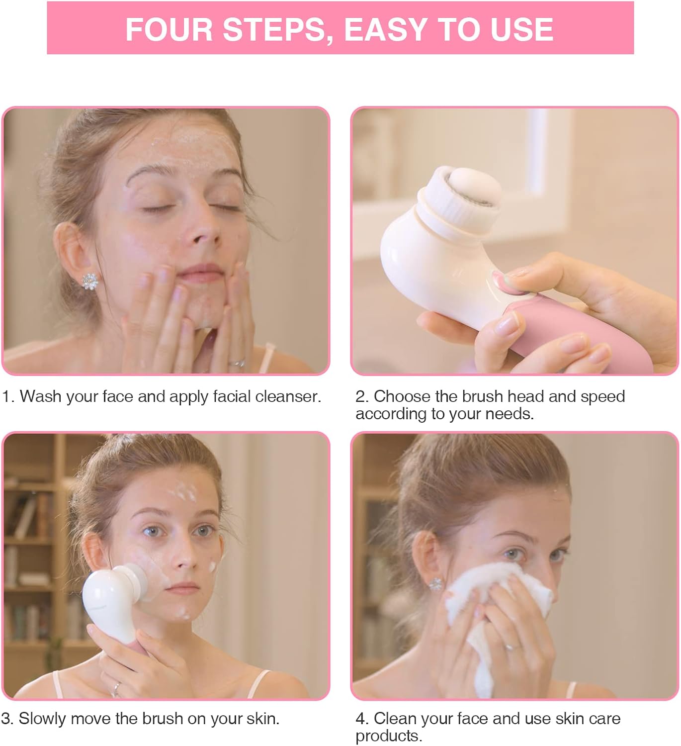 Facial Cleansing Brush Electric Facial Exfoliating Massage Brush with 3 Cleanser Heads and 2 Speeds Adjustable for Deep Cleaning, Removing Blackhead, Face Massaging