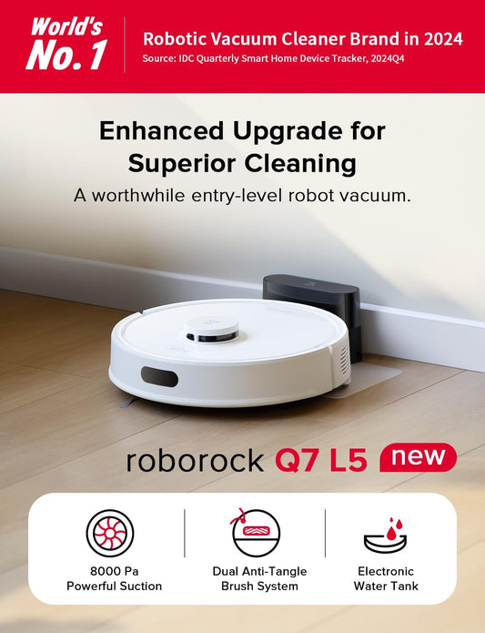roborock Q7 L5 Robot Vacuum and Mop Combo, 8,000Pa Suction, Upgraded from Q5 Pro, Dual Anti-Tangle System, LiDAR Navigation, No-Go Zones, Self-Charging Robotic Vacuum Cleaner, White - PuriLite