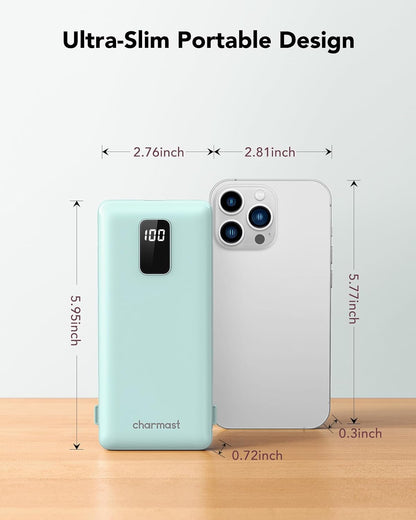 Charmast 10000mAh Portable Charger with Built-in Cables and AC Wall Plug,USB C Battery Pack Power Bank,5 Output 2 Input Battery Pack Compatible with iPhone 16/15/14/13/12,Andriod Series