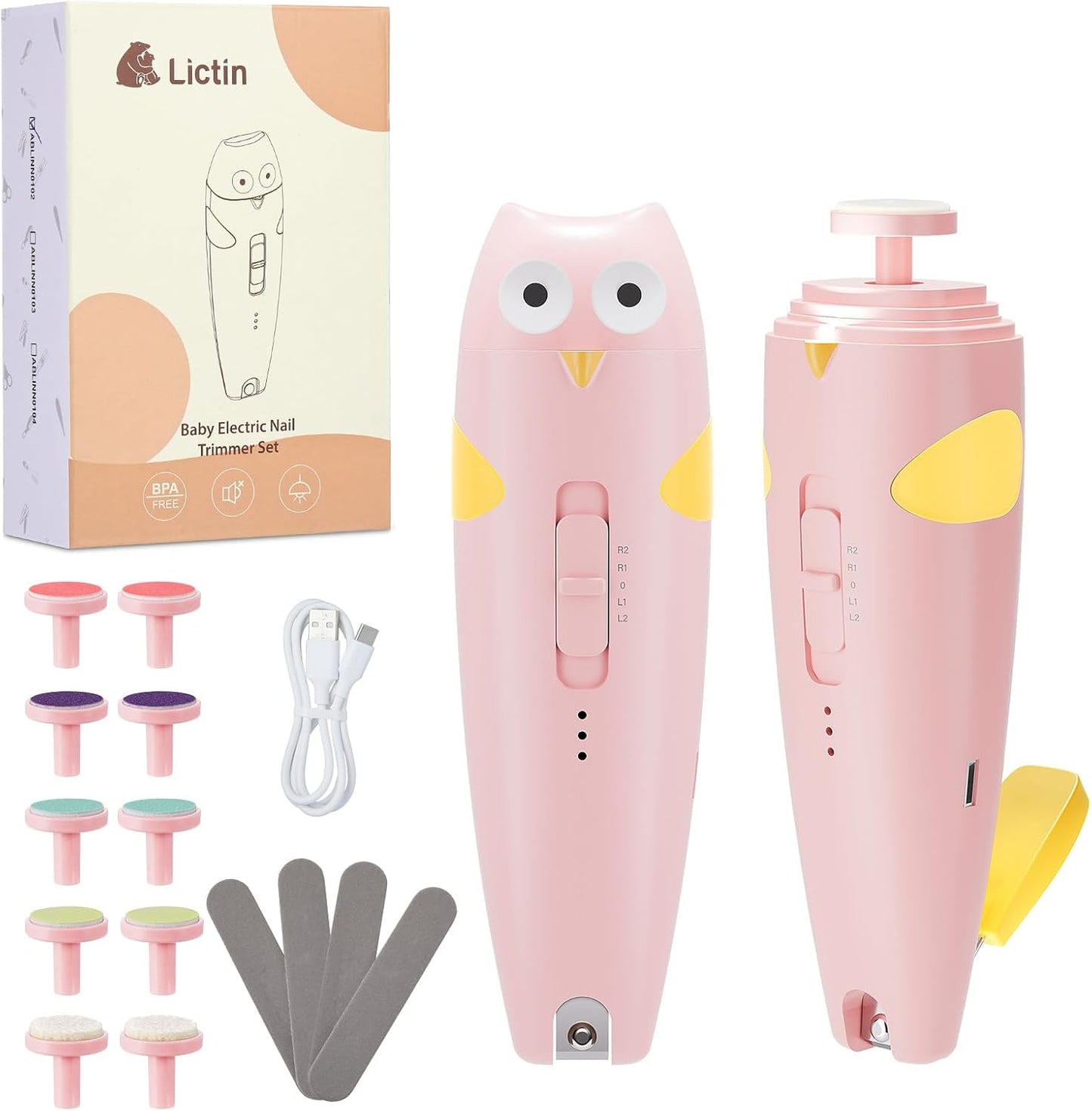 Lictin 15 in 1 Baby Nail File Electric, Gentle Baby Nail Trimmer Rechargeable, Baby Nail Clippers with Auto Light, 10 Replacement Grinding Heads, Baby Nail Kit for Newborn, Infant, Toddler