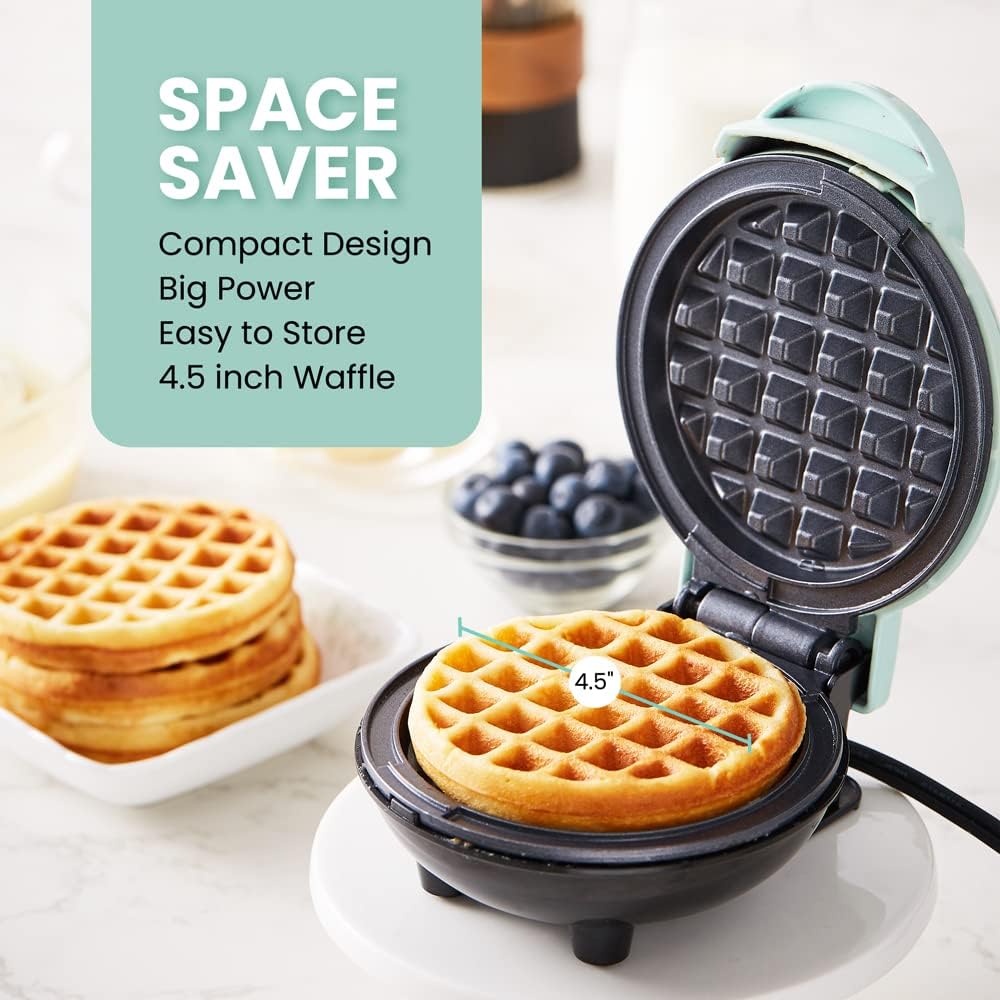 Elite Gourmet EWM015M Electric Nonstick Mini Waffle Maker, Belgian Waffles, Compact Design, Hash Browns, Keto, Snacks, Sandwich, Eggs, Easy to Clean, Mint