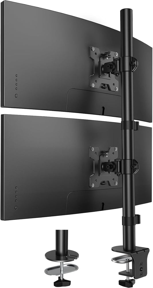 HUANUO Vertical Dual Monitor Mount for 17–32 Inch Screens, 17.6 lbs Capacity Each, Extra Tall Stacked Monitor Stand with Height Adjustment and C-Clamp,Gaming Monitor Arm