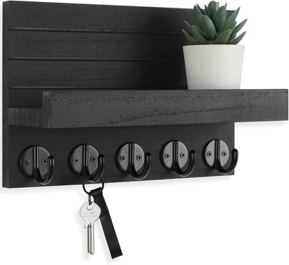 Lwenki Key Holder for Wall, Decorative Key and Mail Holder with Shelf Has Large Key Hooks for Bags, Coats, Umbrella – Paulownia Wood Key Hanger with Mounting Hardware (Black)
