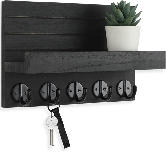 Lwenki Key Holder for Wall, Decorative Key and Mail Holder with Shelf Has Large Key Hooks for Bags, Coats, Umbrella – Paulownia Wood Key Hanger with Mounting Hardware (Black)