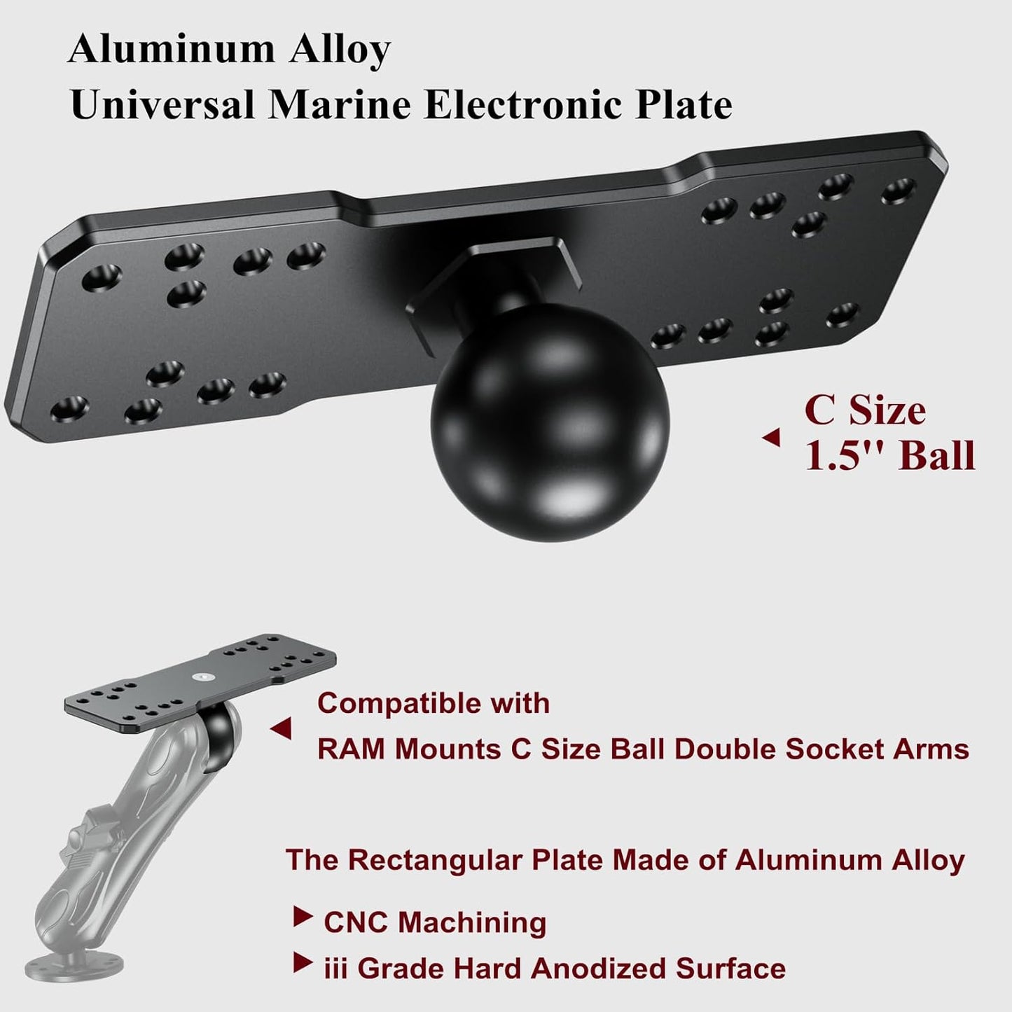BRCOVAN Aluminum Alloy Marine Electronic Plate with 1.5'' TPU Ball for RAM Mounts C Size Double Socket Arm for Garmin/Humminbird/Lowrance GPS Chartplotters, Fishfinders and Marine Electronic Mount