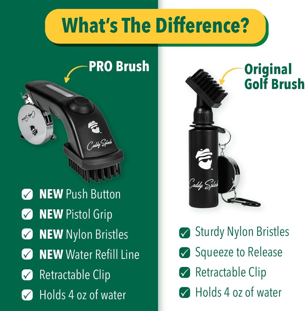 Caddy Splash Golf Water Brush – Retractable Nylon-Bristle Club Cleaner with Anti-Leak Reservoir, Squeeze Bottle Design, 18" Retractor Clip, Wide Cleaning Coverage, Lightweight & Portable – 7.5" Holds 4 oz – Black