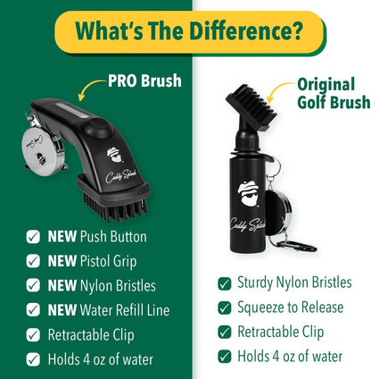 Caddy Splash Golf Water Brush – Retractable Nylon-Bristle Club Cleaner with Anti-Leak Reservoir, Squeeze Bottle Design, 18" Retractor Clip, Wide Cleaning Coverage, Lightweight & Portable – 7.5" Holds 4 oz – Black