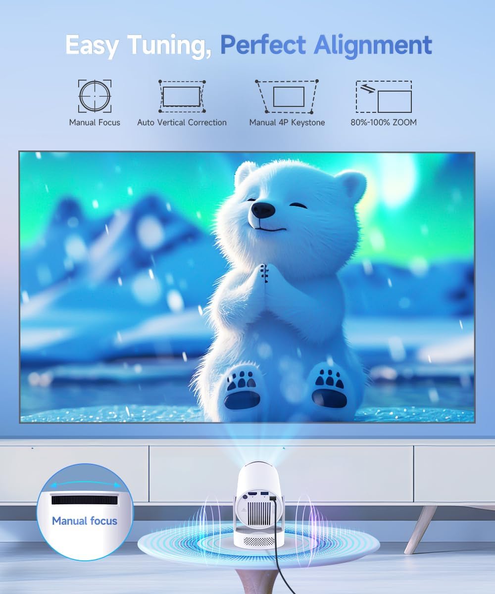 Mini Projector, Portable Smart Proyector, 5w Soundbase Speaker, WiFi 6 and Bluetooth 5.4, Auto Vertical Keystone 4K Decoding 180° Rotatable Projecteur for Home Video Bedroom (Manual Focus & White)